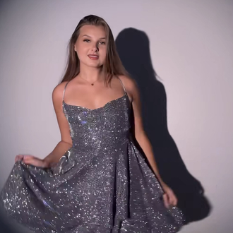 Tiana Metalik Mor Simli Volanlı Mini Elbise
