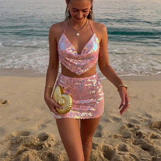 Pembe Pullu Payetli Crop&Etek İkili Takım