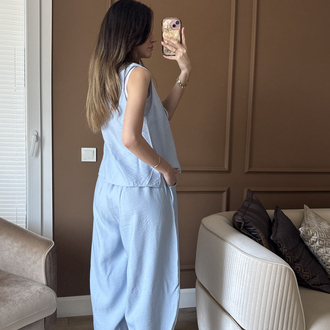 Mavi Keten Bağcıklı Bluz