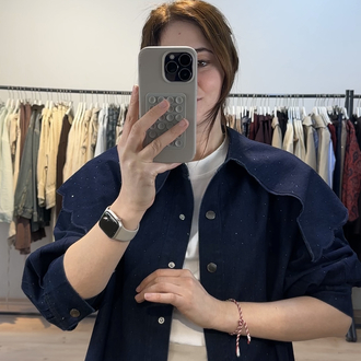 Büyük yaka detaylı Taşlı premium denim gömlek