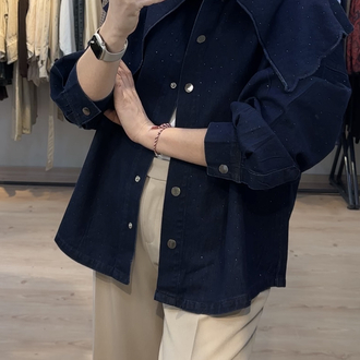 Büyük yaka detaylı Taşlı premium denim gömlek