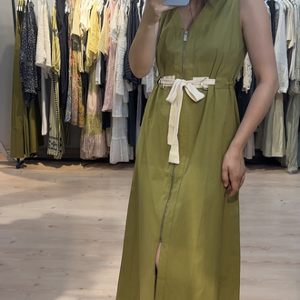 Olive ip büzgülü detaylı elbise