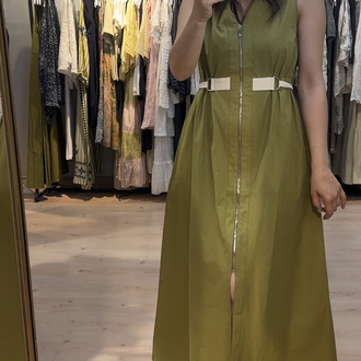 Olive ip büzgülü detaylı elbise