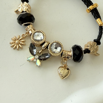 Gold charm siyah deri bileklik