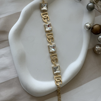 Logolu kare ışıltılı gold bileklik