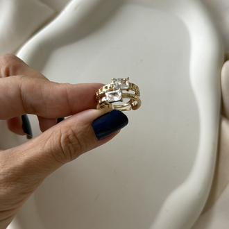 ışıltılı ikili baget taşlı gold yüzük