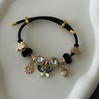 Gold charm siyah deri bileklik