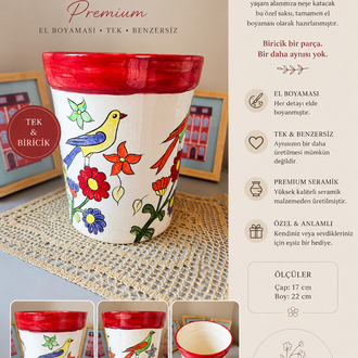 Premium El Boyaması Seramik Saksı – Kuş & Çiçek