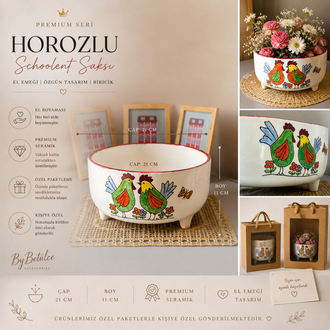 Premium Horozlu Schoolent Saksı | El Boyaması Seramik