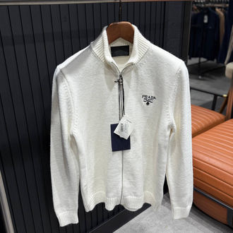 OUTLET ÜRÜNÜ İthal Prada Yüm Kumaş Tam Fermuarlı Triko Polo Yaka (Beyaz-686