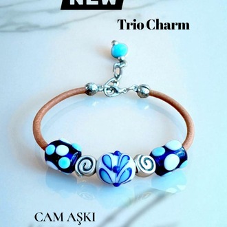 Murano Cam Trio Charm Deri Bileklik - Ebruli