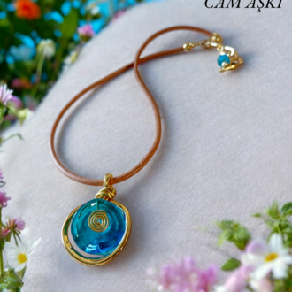 Murano Cam Okyanus Mavi  - Altın Kaplama Deri Kolye
