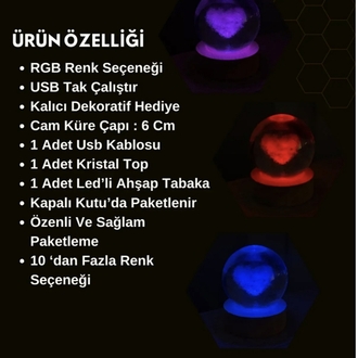 Dekoratif Kalp Tasarımlı Ahşap Altlıklı Işıklı Cam Küre Büyük Boy 8
