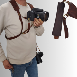 Tobacco rengi Deri Çift Taraflı Fotoğraf Makinesi Omuz Askısı - İki Kamera Taşıma Kayışı
