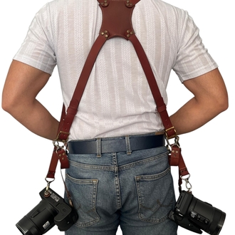 Kızıl kahve Deri Çift Taraflı Fotoğraf Makinesi Omuz Askısı - İki Kamera Taşıma Kayışı