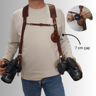 Tobacco rengi Deri Çift Taraflı Fotoğraf Makinesi Omuz Askısı - İki Kamera Taşıma Kayışı