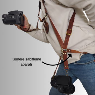 Tobacco rengi Deri Çift Taraflı Fotoğraf Makinesi Omuz Askısı - İki Kamera Taşıma Kayışı