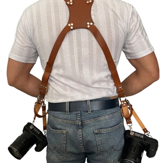 Taba Rengi Deri Çift Taraflı Fotoğraf Makinesi Omuz Askısı - İki Kamera Taşıma Kayış