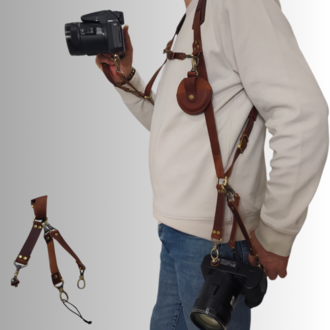 Tobacco rengi Deri Çift Taraflı Fotoğraf Makinesi Omuz Askısı - İki Kamera Taşıma Kayışı