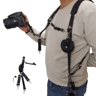 Siyah Deri Çift Taraflı Fotoğraf Makinesi Omuz Askısı - İki Kamera Taşıma Kayışı