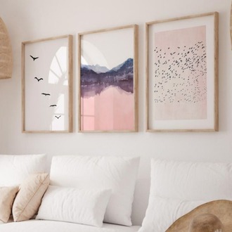 Minimalist Kuş ve Dağ Manzaralı Çerçeveli Tablo Seti