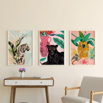 Renkli Tropikal Çerçeveli Vahşi Kedi Tablo Seti