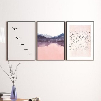 Minimalist Kuş ve Dağ Manzaralı Çerçeveli Tablo Seti