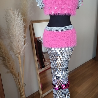 Emily - Maxi Pink Crochet Sequin Skirt Set