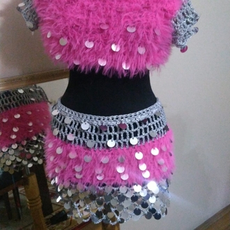 Emily - Mini Pink Crochet Sequin Skirt Set