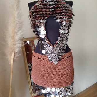 Leopard Crochet Sequin Skirt Set