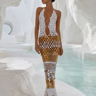 Kai White-Gold Crochet Sequin Dress