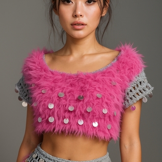 Emily - Mini Pink Crochet Sequin Skirt Set