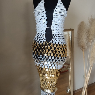 Kai White-Gold Crochet Sequin Dress