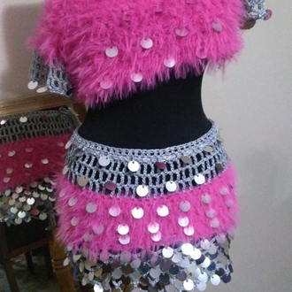 Emily - Mini Pink Crochet Sequin Skirt Set