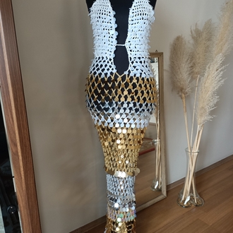 Kai White-Gold Crochet Sequin Dress