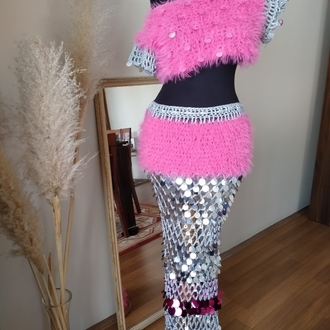 Emily - Maxi Pink Crochet Sequin Skirt Set