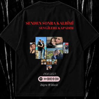 Kişiye Özel “Fotoğraflı Kalp Kolajı” baskılı siyah T-shirt