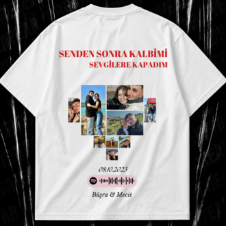 Kişiye Özel “Fotoğraflı Kalp Kolajı” baskılı beyaz T-shirt