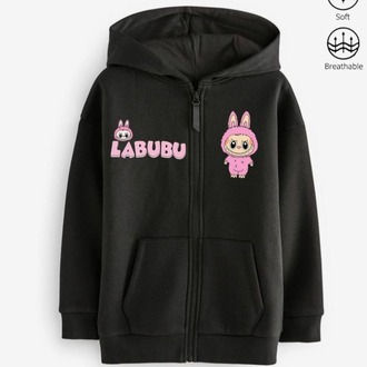  Kız Çocuk Labubu Baskılı Fermuarlı Kapüşonlu Sweatshirt Ceket Hırka