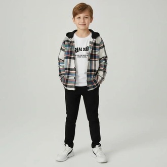 Erkek Çocuk Kapüşonlu Ekoseli Oduncu Gömlek Sweatshirt Eşofman Alt Üçlü Takım