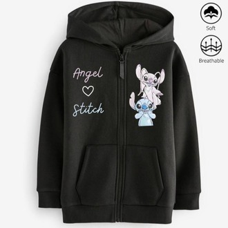 Kız Çocuk Stitch Baskılı Fermuarlı Kapüşonlu Sweatshirt Ceket Hırka