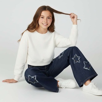 Kız Çocuk Yıldız Detaylı Bol Paça Wide Leg Jean Kot Pantolon