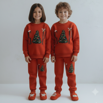 Yılbaşı Temalı Kırmızı Kız/Erkek Çocuk Sweatshirt Eşofman Alt İkili Takım