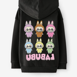  Kız Çocuk Labubu Baskılı Fermuarlı Kapüşonlu Sweatshirt Ceket Hırka