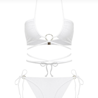 Aksesuarlı bağlamalı halter yaka dokulu bikini takımı