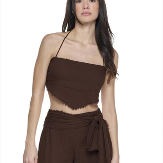 Müslin crop pantolon takım kahverengi 6236-5245