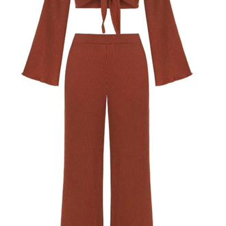Tarçın dokulu crop top-pantolon ikili takım