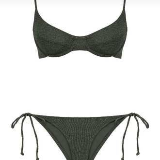 Balenli büzgülü koyu yeşil lurex bikini takımı
