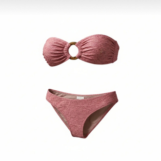 Toka aksesuarlı pembe dokulu straplez bikini takımı