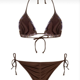 Arkası büzgülü kahverengi-mor triko bikini takımı